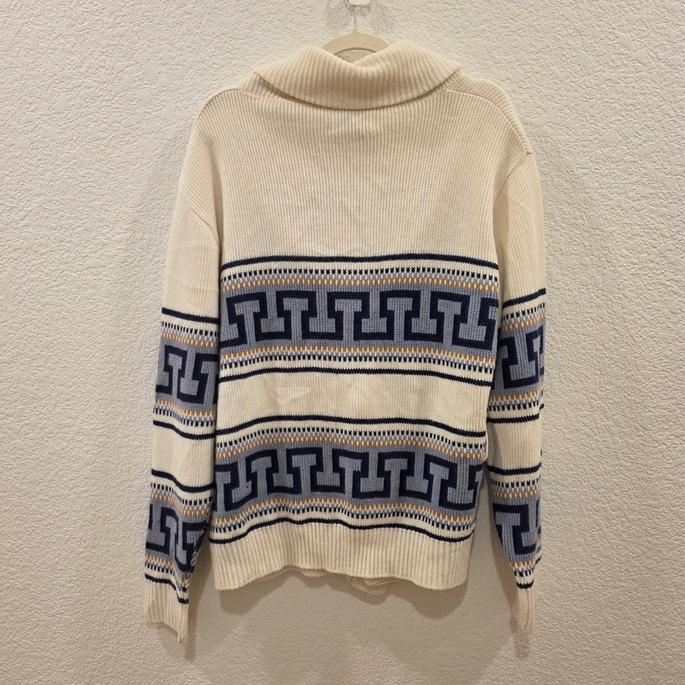 Vintage Sarby Sportswear Greek Key Shawl Collar Cardigan Mens L Cream Blue Heavy - Picture 7 of 11